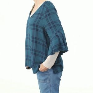 ANA Rayon Top Bell Cuffs Blue Teal Plaid V-neck L